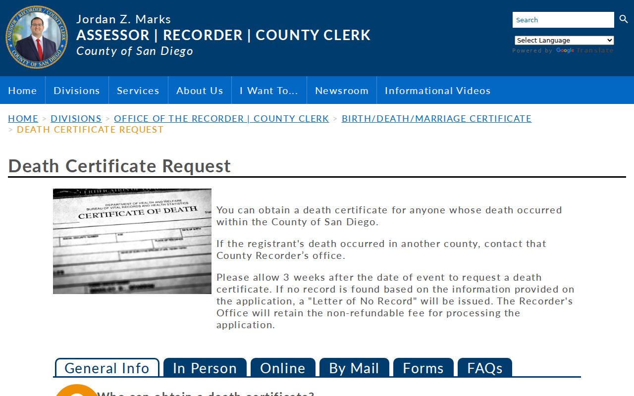 Poway open records death certificate access and mail rules