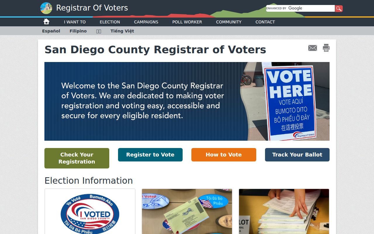 Poway voter records links on the San Diego County Registrar home page